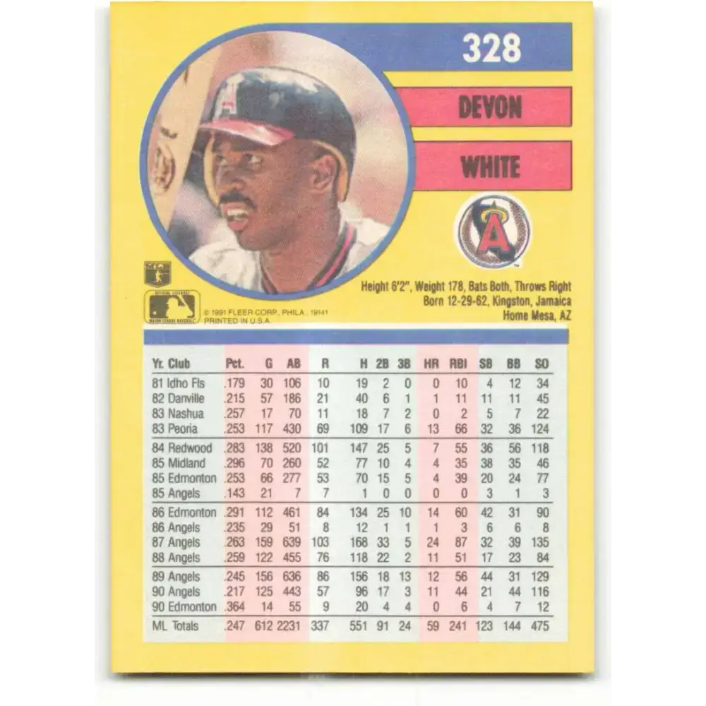 1991 Fleer #328 Devon White NM-MT California Angels Baseball Card - Baseball Card Single