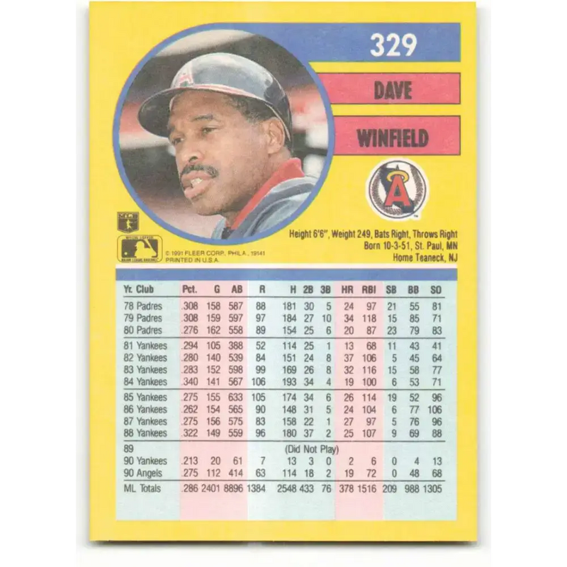 1991 Fleer #329 Dave Winfield NM-MT California Angels Baseball Card - Baseball Card Single