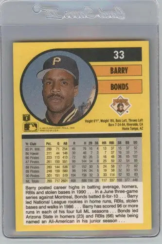 Barry Bonds Fleer Ultra baseball card with headshot and career stats, original gloss, NM-MT