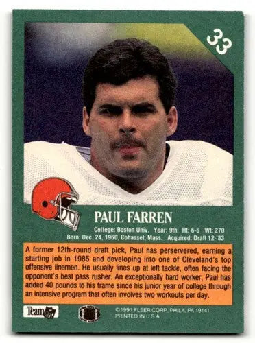 1991 Fleer #33 Paul Farren Cleveland Browns Football Cards NM Near M ID:60486 - Football Card Single
