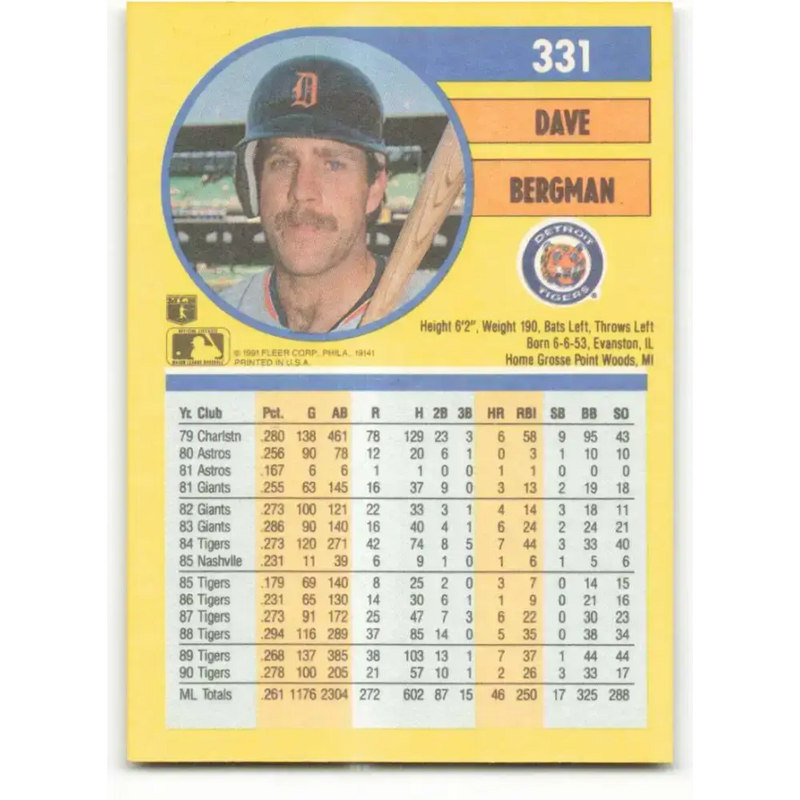 1991 Fleer #331 Dave Bergman NM-MT Detroit Tigers Baseball Card - Baseball Card Single