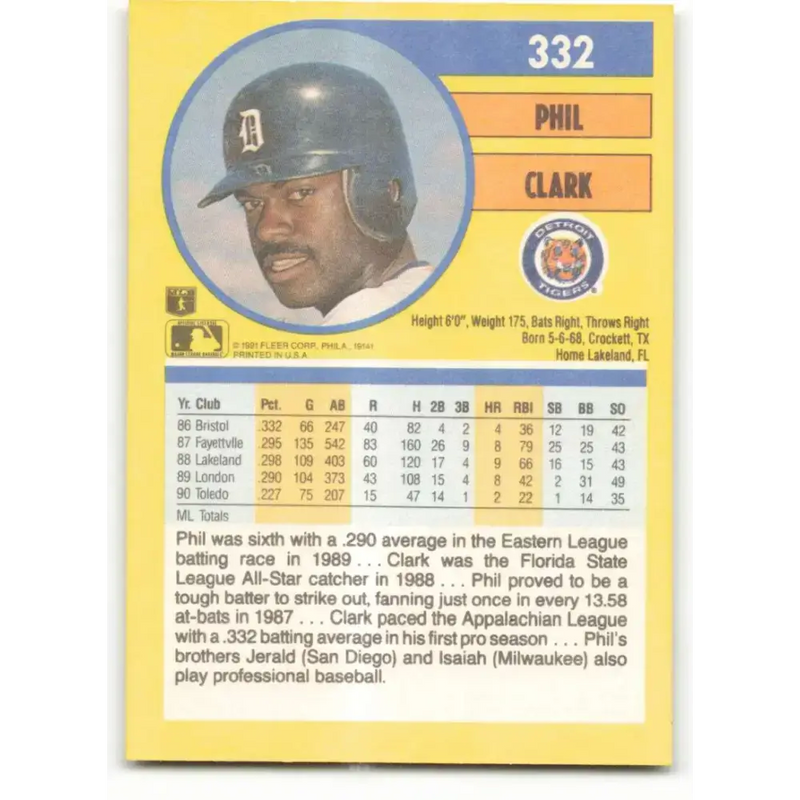 1991 Fleer #332 Phil Clark NM-MT RC Rookie Detroit Tigers Baseball Card - Baseball Card Single