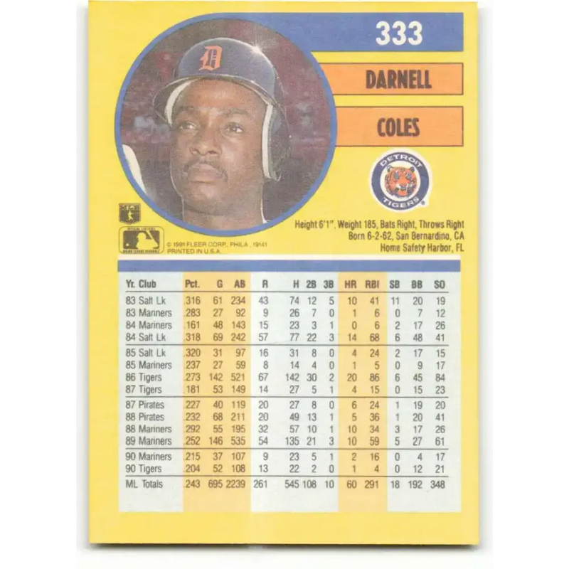 1991 Fleer #333 Darnell Coles NM-MT Detroit Tigers Baseball Card - Baseball Card Single