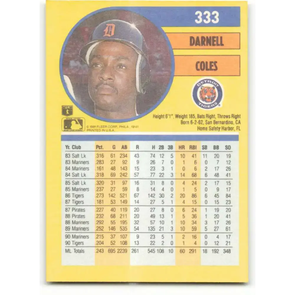 1991 Fleer #333 Darnell Coles NM-MT Detroit Tigers Baseball Card - Baseball Card Single