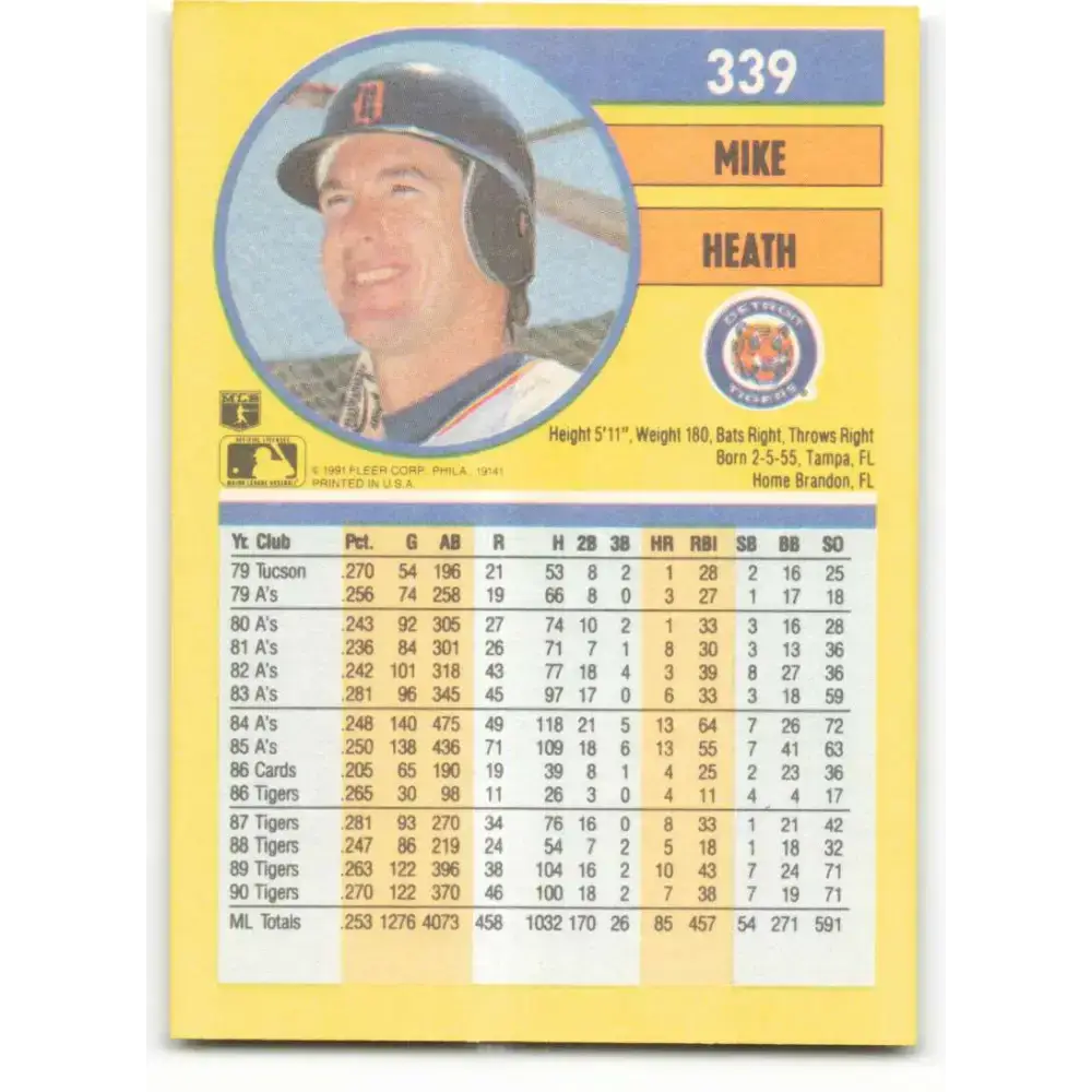 1991 Fleer #339 Mike Heath NM-MT Detroit Tigers Baseball Card - Baseball Card Single