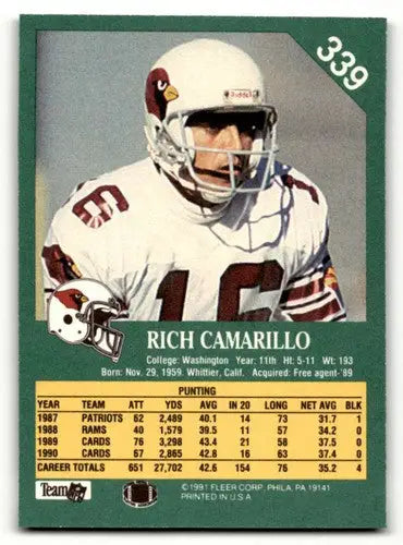 1991 Fleer #339 Rich Camarillo Phoenix Cardinals Football Cards NM N ID:60504 - Football Card Single