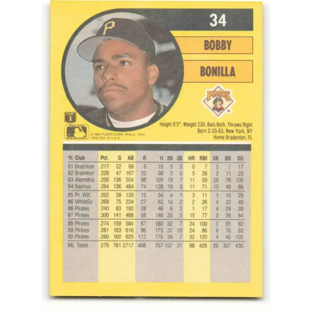 1991 Fleer #34 Bobby Bonilla NM-MT Pittsburgh Pirates Baseball Card