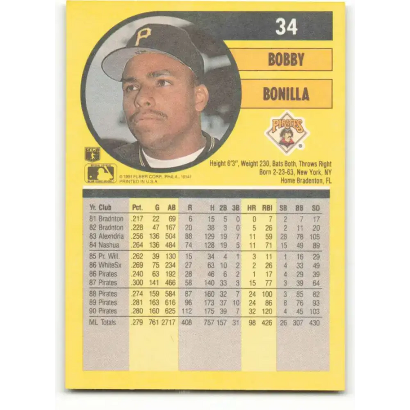 1991 Fleer #34 Bobby Bonilla NM-MT Pittsburgh Pirates Baseball Card