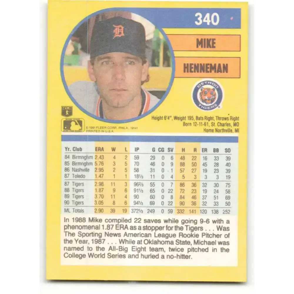 1991 Fleer #340 Mike Henneman NM-MT Detroit Tigers Baseball Card - Baseball Card Single