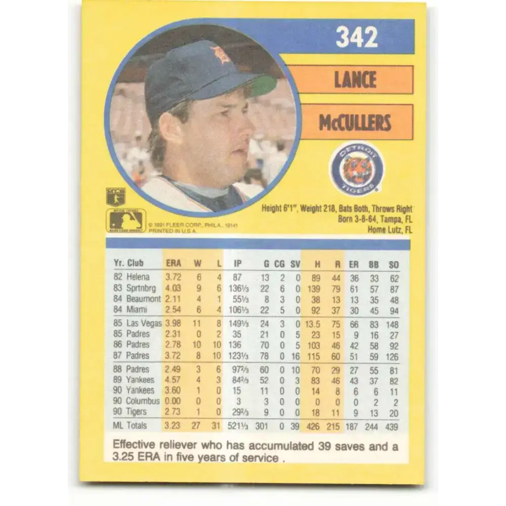 1991 Fleer #342 Lance McCullers NM-MT Detroit Tigers Baseball Card - Baseball Card Single
