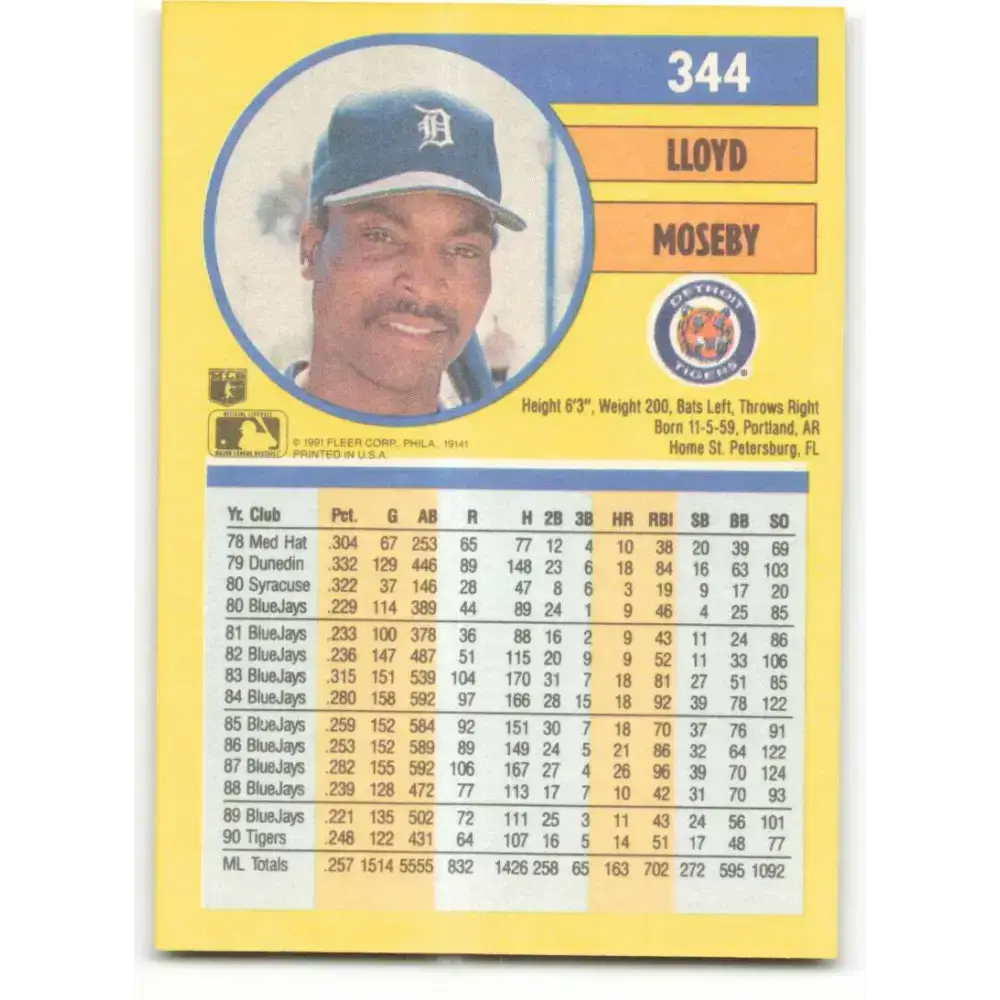 1991 Fleer #344 Lloyd Moseby NM-MT Detroit Tigers Baseball Card - Baseball Card Single