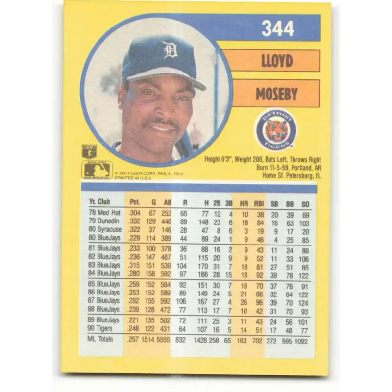 1991 Fleer #344 Lloyd Moseby NM-MT Detroit Tigers Baseball Card - Baseball Card Single