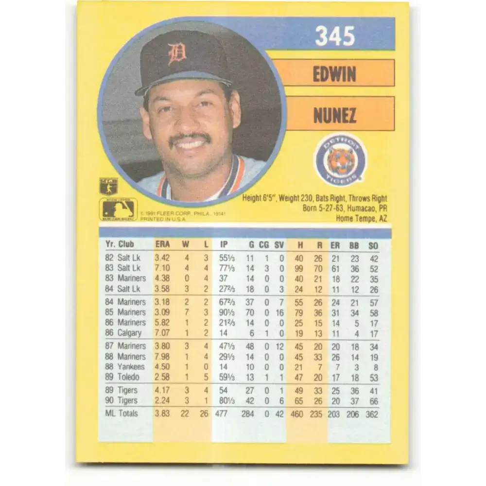 1991 Fleer #345 Edwin Nunez NM-MT Detroit Tigers Baseball Card - Baseball Card Single