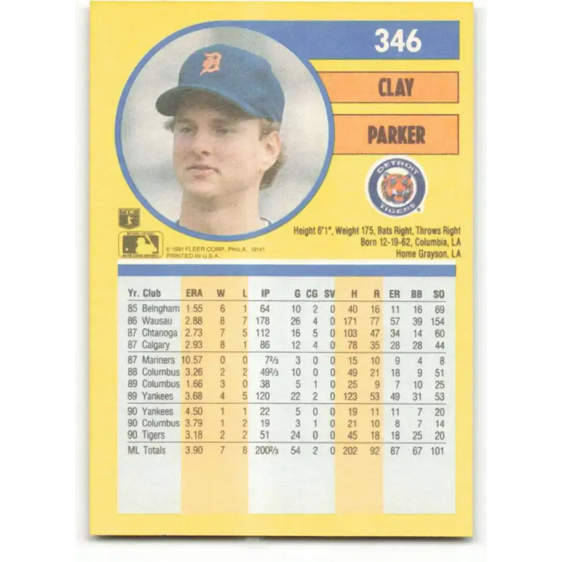 1991 Fleer #346 Clay Parker NM-MT Detroit Tigers Baseball Card - Baseball Card Single