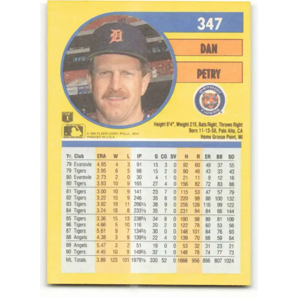1991 Fleer #347 Dan Petry NM-MT Detroit Tigers Baseball Card - Baseball Card Single