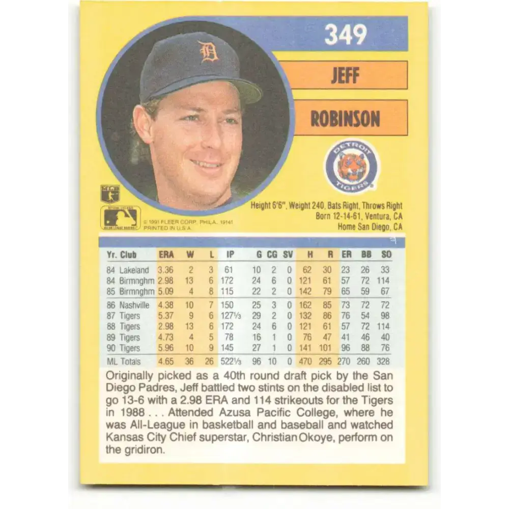 1991 Fleer #349 Jeff Robinson NM-MT Detroit Tigers Baseball Card - Baseball Card Single