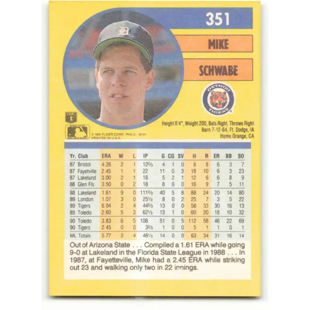 1991 Fleer #351 Mike Schwabe NM-MT Detroit Tigers Baseball Card - Baseball Card Single