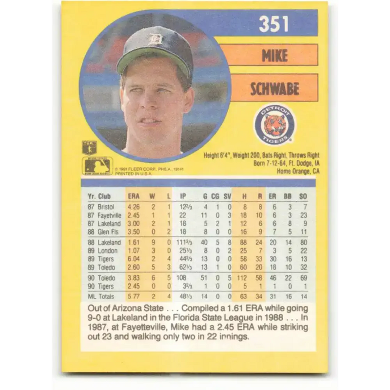 1991 Fleer #351 Mike Schwabe NM-MT Detroit Tigers Baseball Card - Baseball Card Single