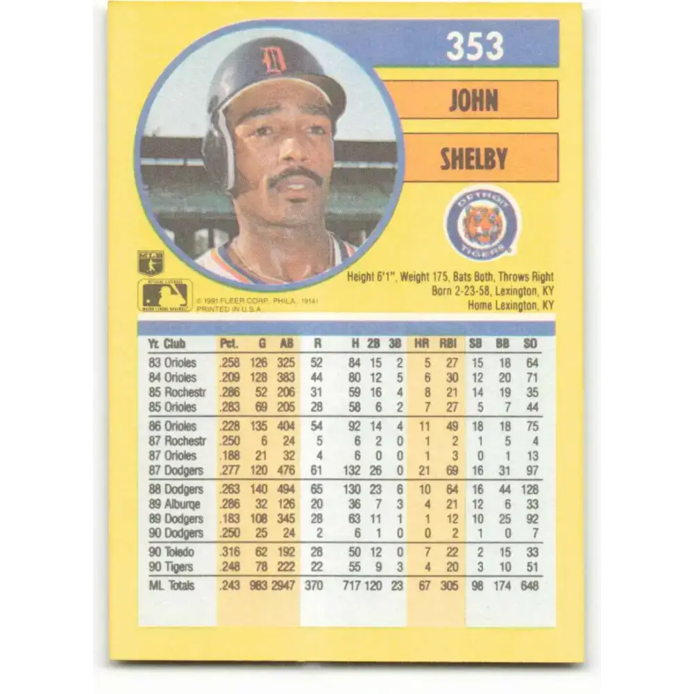 1991 Fleer #353 John Shelby NM-MT Detroit Tigers Baseball Card - Baseball Card Single