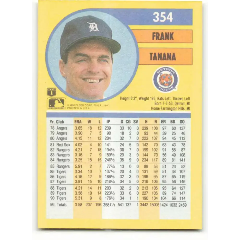 1991 Fleer #354 Frank Tanana NM-MT Detroit Tigers Baseball Card - Baseball Card Single