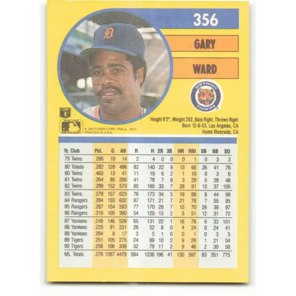 1991 Fleer #356 Gary Ward NM-MT Detroit Tigers Baseball Card - Baseball Card Single