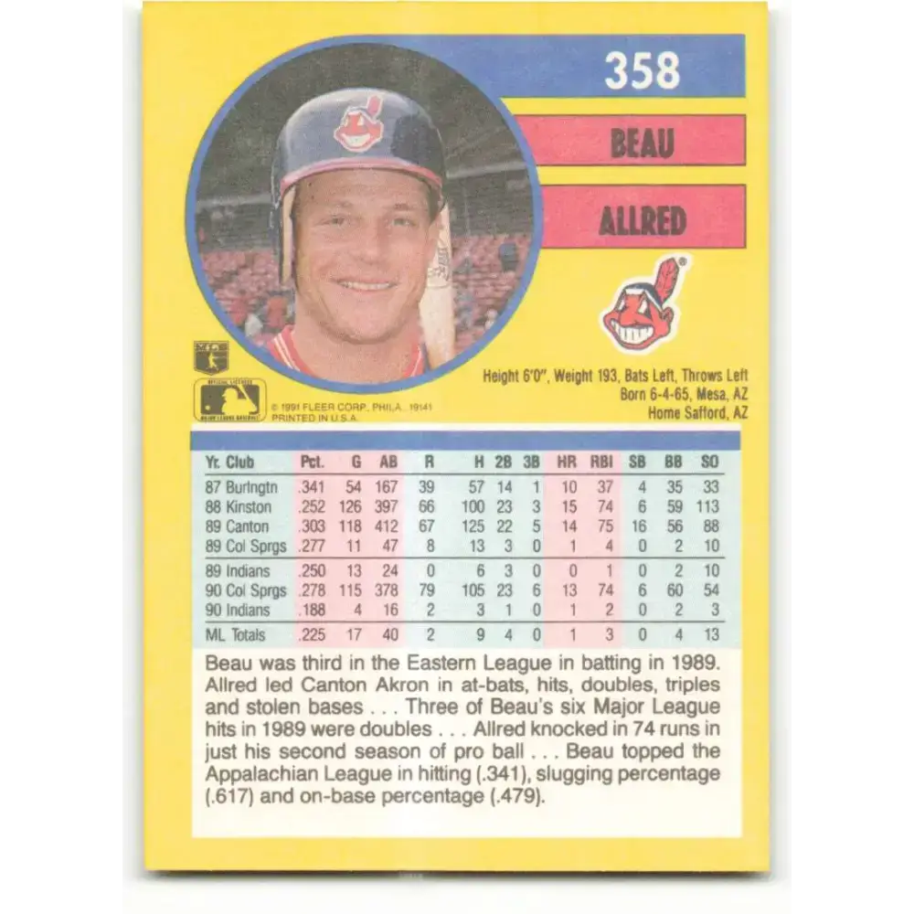 1991 Fleer #358 Beau Allred NM-MT Cleveland Indians Baseball Card - Baseball Card Single