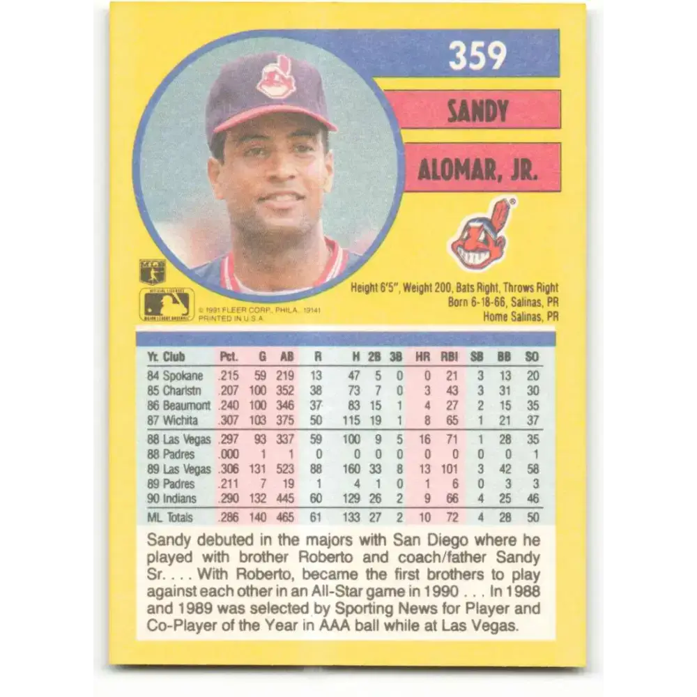 1991 Fleer #359 Sandy Alomar Jr. NM-MT Cleveland Indians Baseball Card - Baseball Card Single