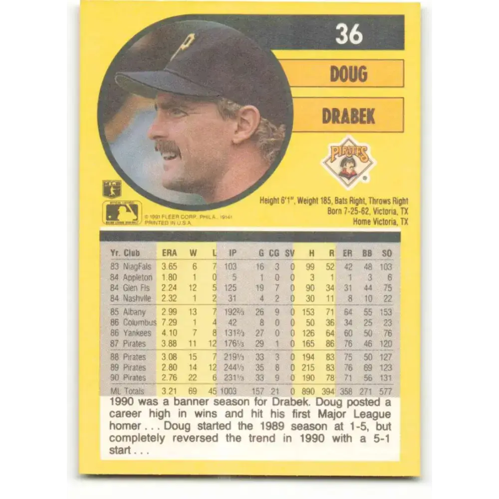 1991 Fleer #36 Doug Drabek NM-MT Pittsburgh Pirates Baseball Card - Baseball Card Single