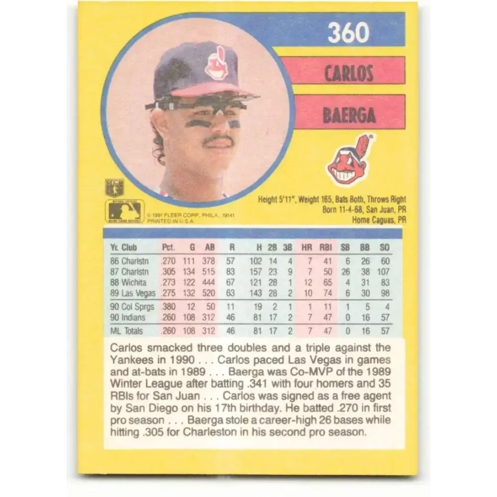 1991 Fleer #360 Carlos Baerga NM-MT Cleveland Indians Baseball Card - Baseball Card Single