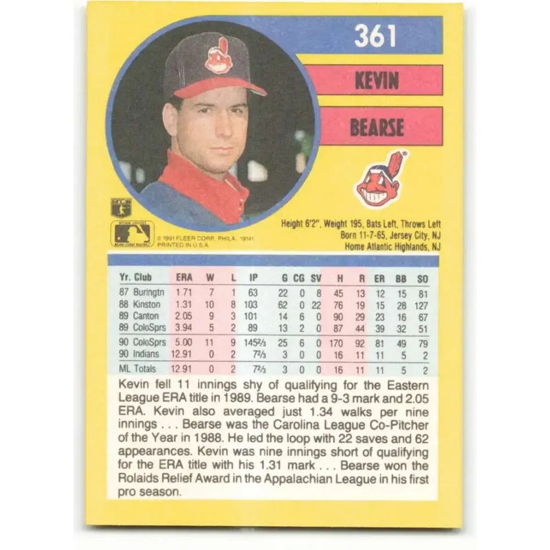 1991 Fleer #361 Kevin Bearse NM-MT Cleveland Indians Baseball Card - Baseball Card Single