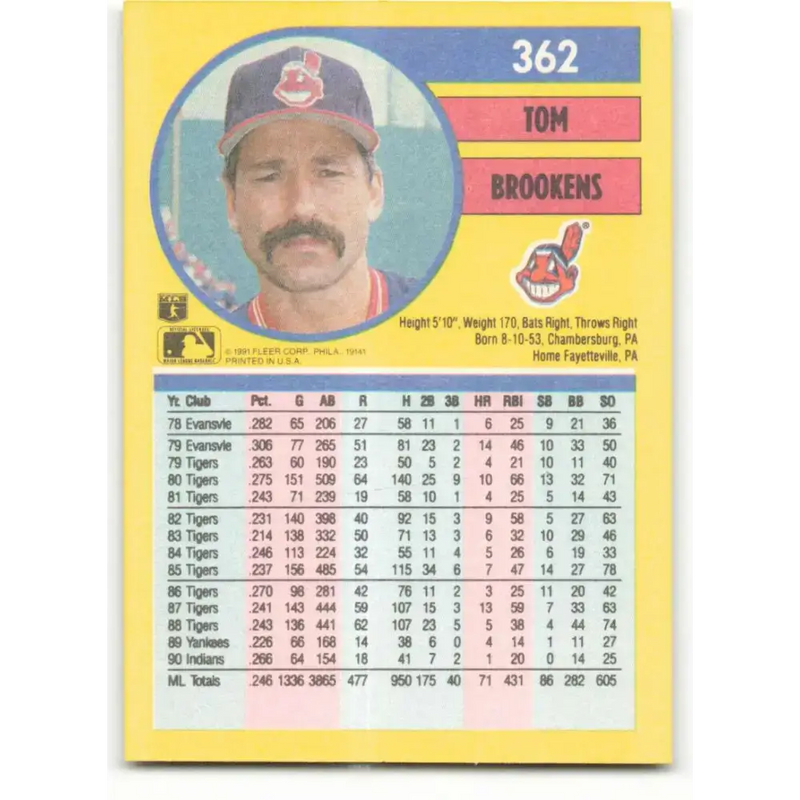 1991 Fleer #362 Tom Brookens NM-MT Cleveland Indians Baseball Card - Baseball Card Single