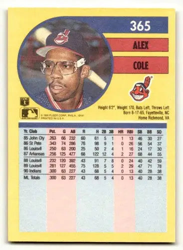 Original gloss Alex Cole Cleveland baseball card from 1991 Fleer #365 featuring Cole Cleveland Indians