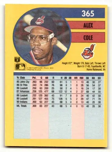Alex Cole Cleveland baseball card from 1991 Fleer #365 featuring Cole Cleveland Indians