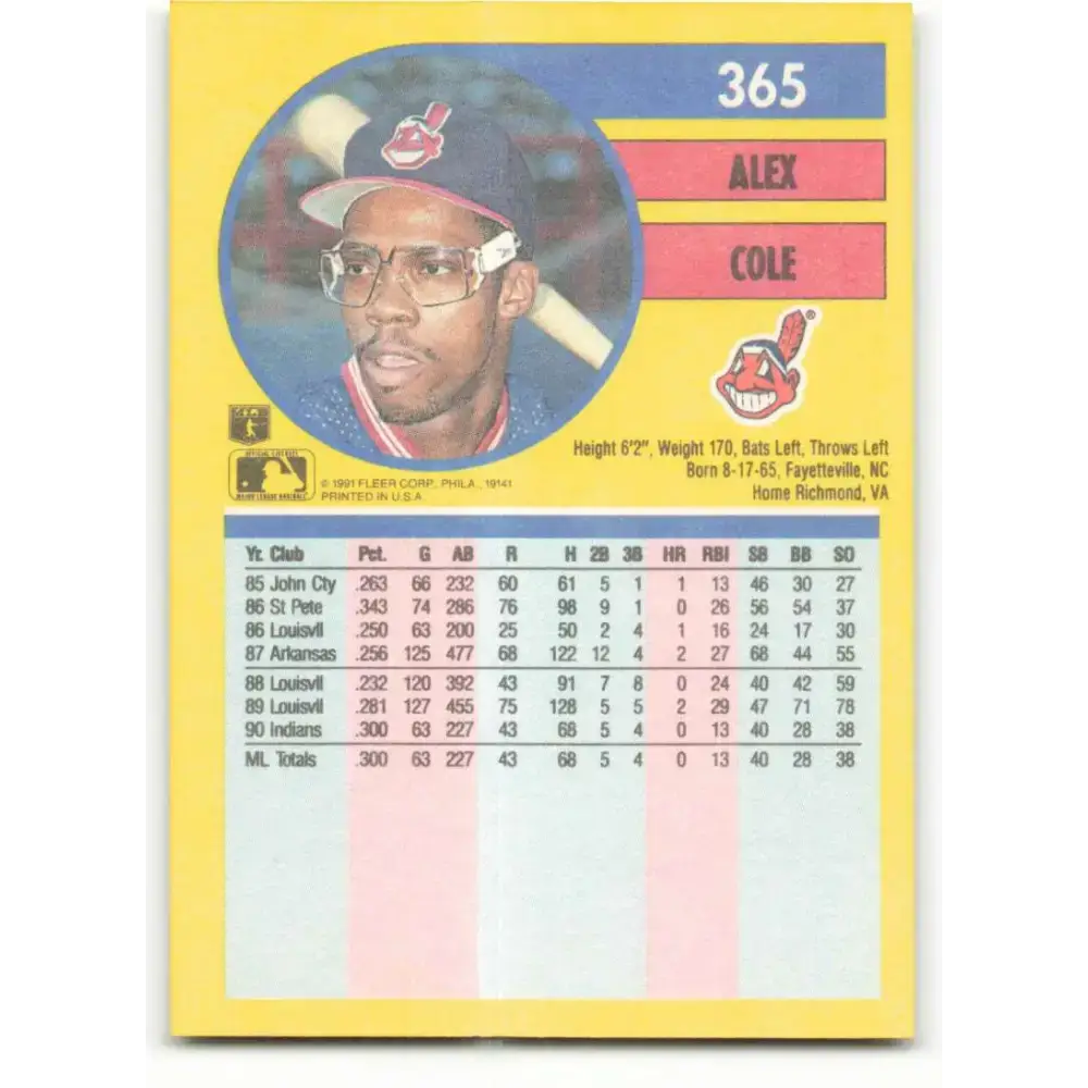 1991 Fleer #365 Alex Cole NM-MT Cleveland Indians Baseball Card - Baseball Card Single