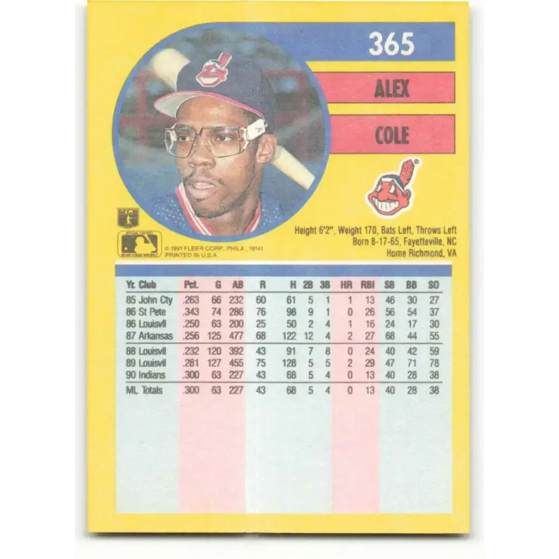 1991 Fleer #365 Alex Cole NM-MT Cleveland Indians Baseball Card - Baseball Card Single