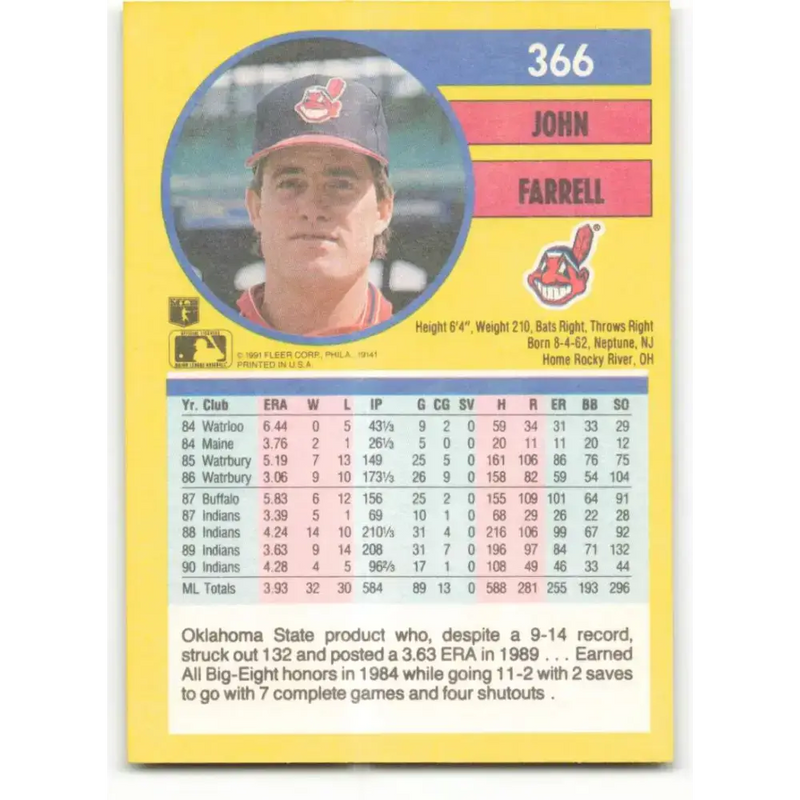 1991 Fleer #366 John Farrell NM-MT Cleveland Indians Baseball Card - Baseball Card Single
