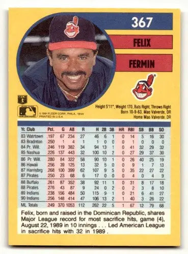 Original gloss Felix Fermin Cleveland Indians baseball card from 1991 Fleer NM