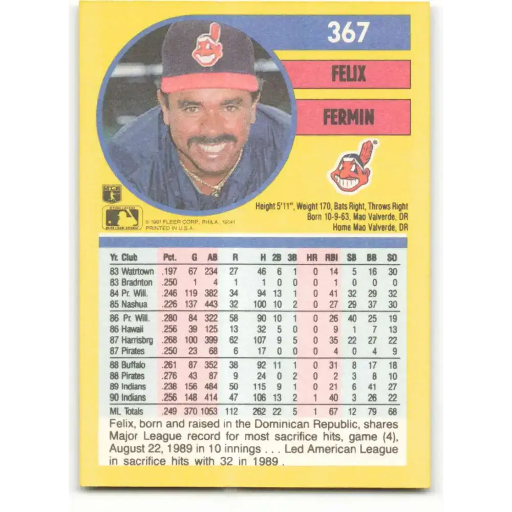 1991 Fleer #367 Felix Fermin NM-MT Cleveland Indians Baseball Card - Baseball Card Single