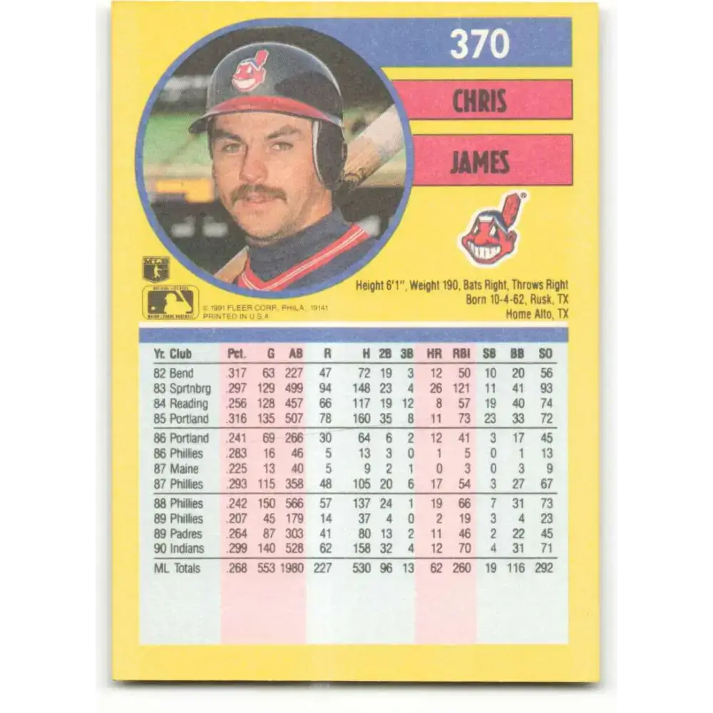 1991 Fleer #370 Chris James NM-MT Cleveland Indians Baseball Card - Baseball Card Single