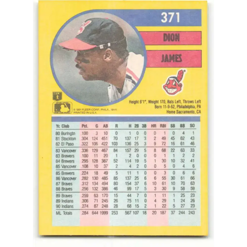 1991 Fleer #371 Dion James NM-MT Cleveland Indians Baseball Card - Baseball Card Single