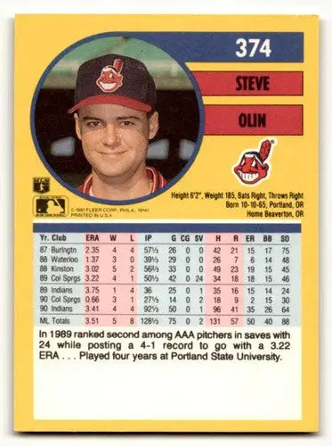 Baseball card back of 1991 Fleer Steve Olin Cleveland Indians collectible card