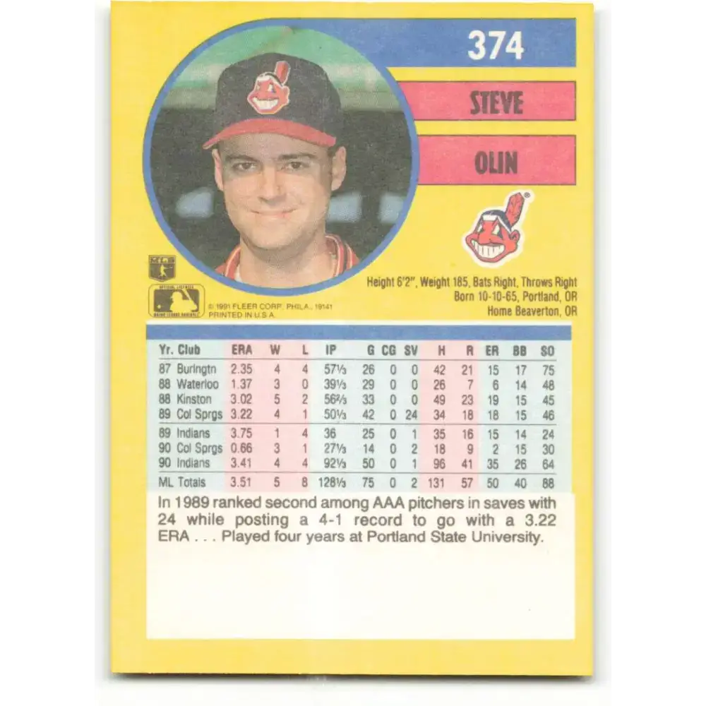 1991 Fleer #374 Steve Olin NM-MT Cleveland Indians Baseball Card