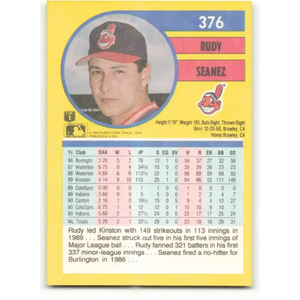 1991 Fleer #376 Rudy Seanez NM-MT Cleveland Indians Baseball Card - Baseball Card Single