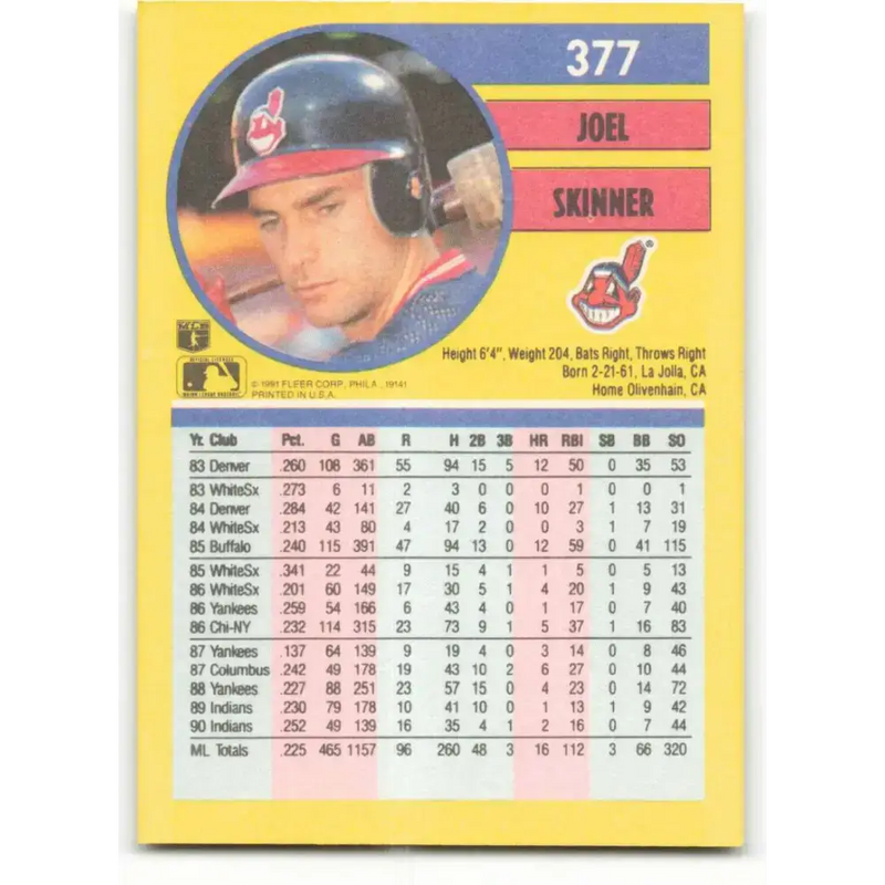 1991 Fleer #377 Joel Skinner NM-MT Cleveland Indians Baseball Card - Baseball Card Single