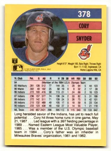 Original gloss Cory Snyder baseball card featuring Cleveland Indians player