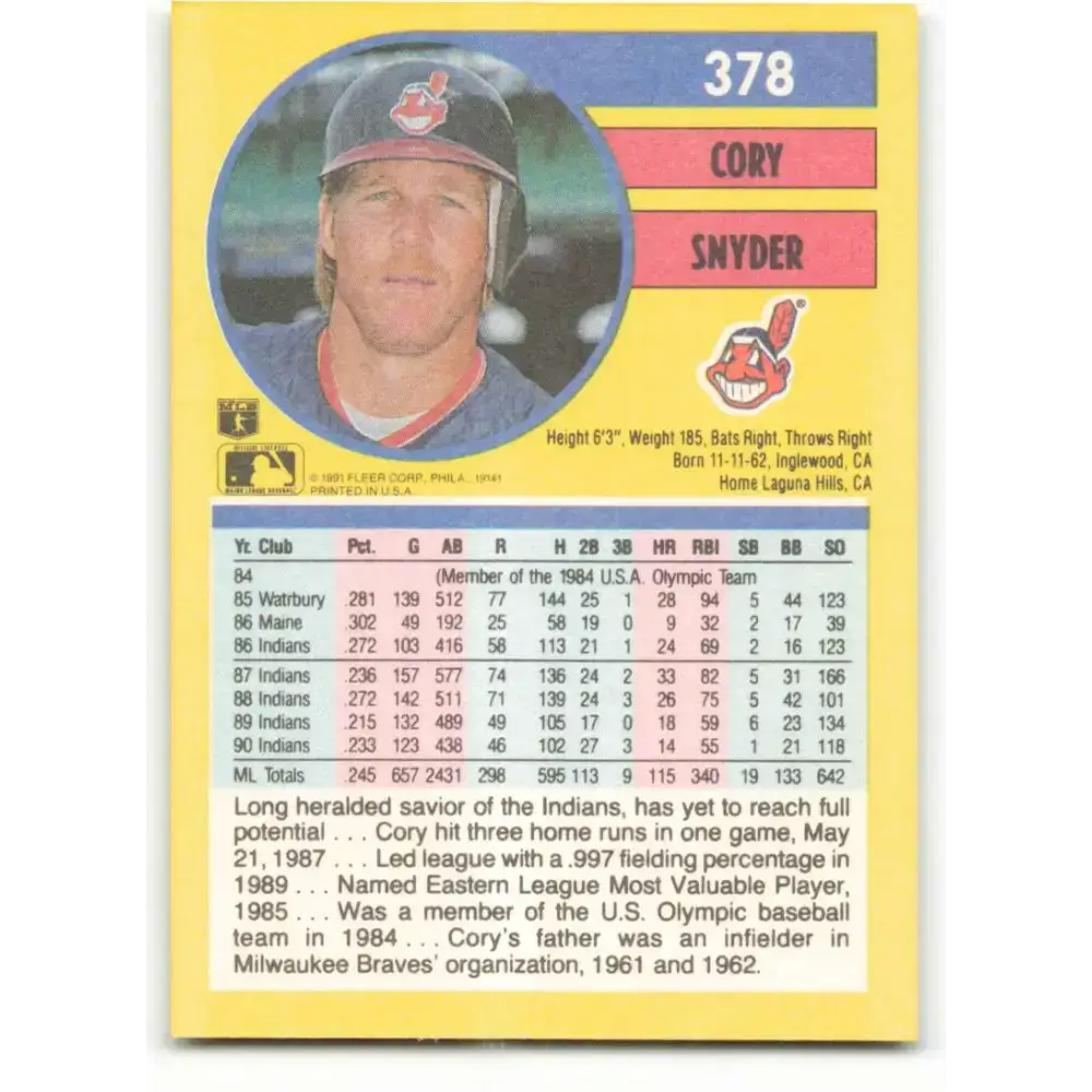 1991 Fleer #378 Cory Snyder NM-MT Cleveland Indians Baseball Card - Baseball Card Single