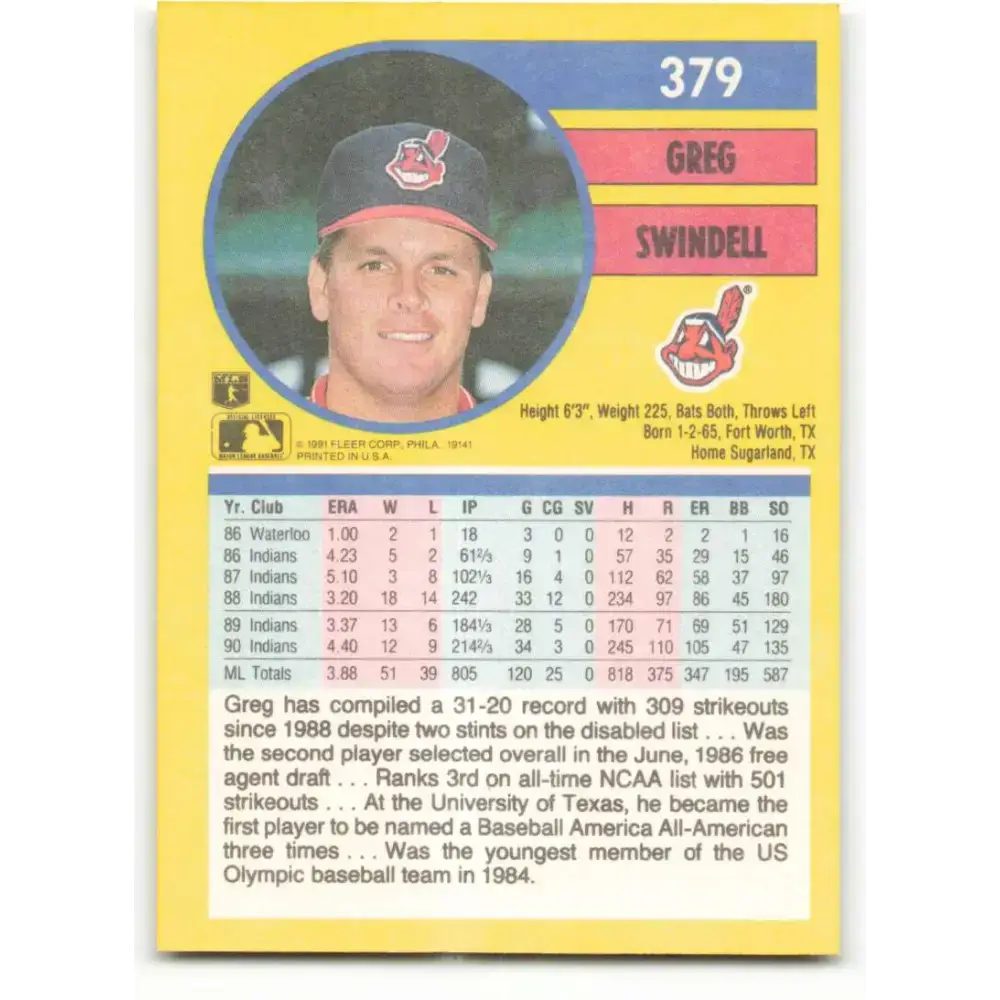 1991 Fleer #379 Greg Swindell NM-MT Cleveland Indians Baseball Card - Baseball Card Single