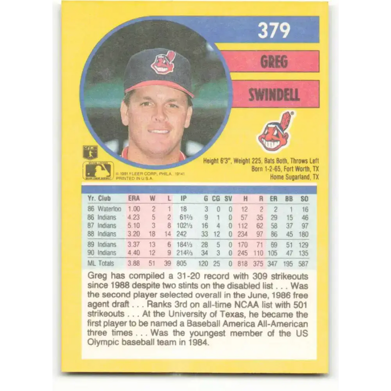 1991 Fleer #379 Greg Swindell NM-MT Cleveland Indians Baseball Card - Baseball Card Single