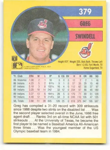 1991 Fleer #379 Greg Swindell NM Near Mint Indians ID:82559 - Baseball Card Single