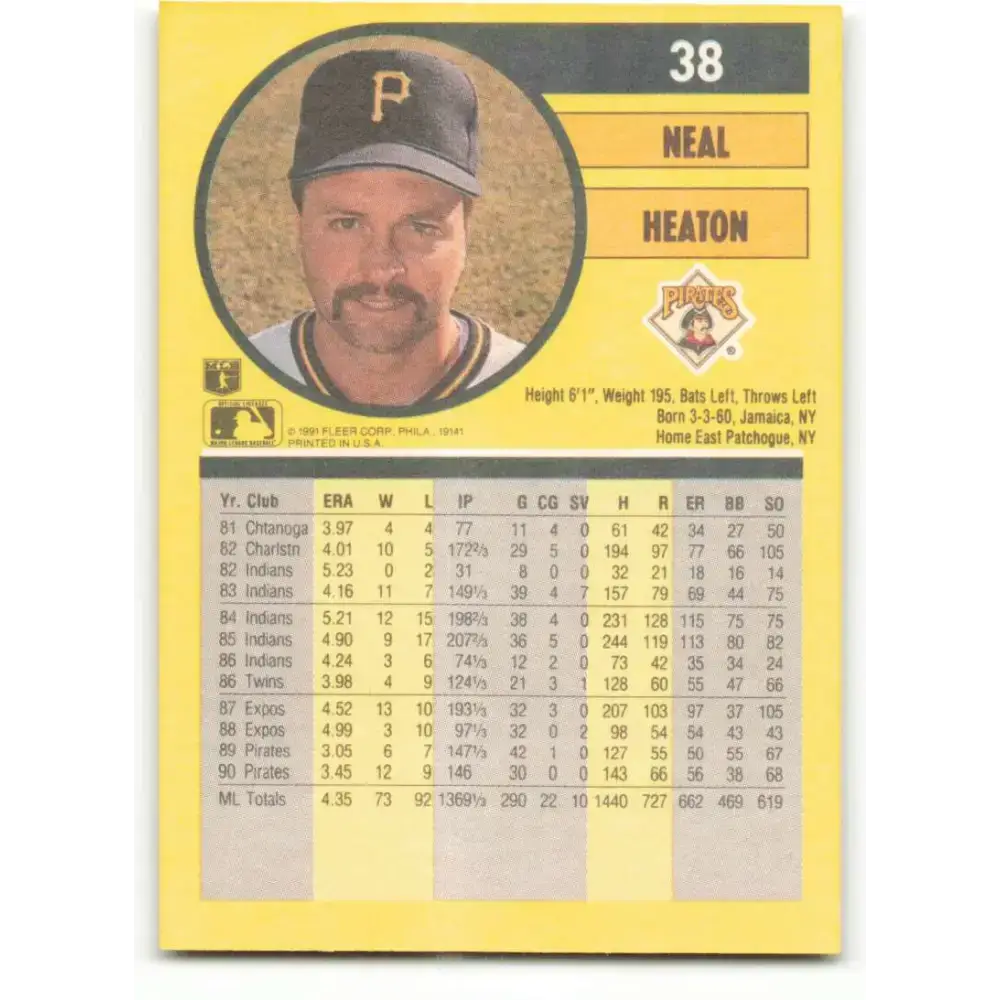 1991 Fleer #38 Neal Heaton NM-MT Pittsburgh Pirates Baseball Card - Baseball Card Single